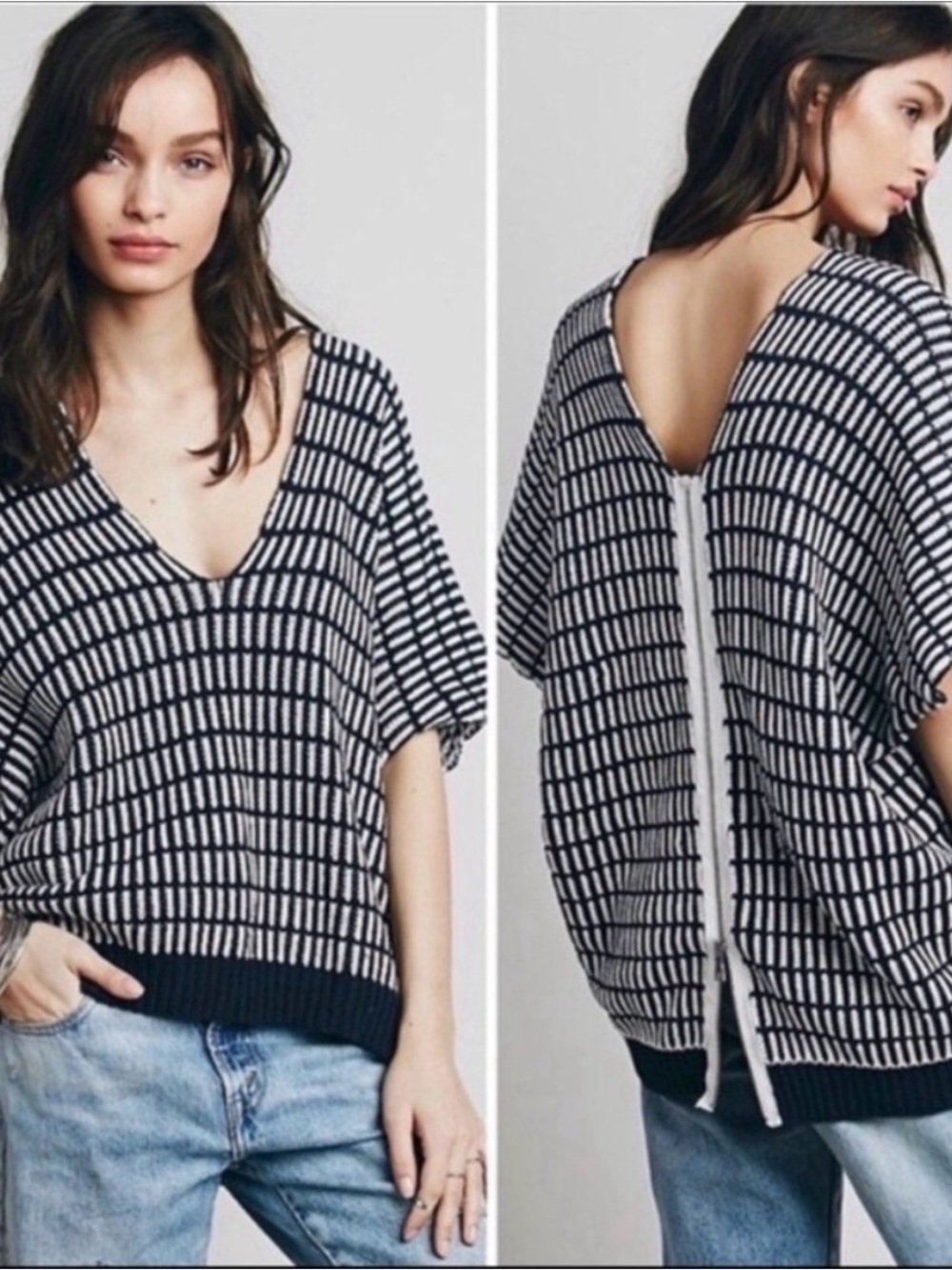 Free People Navy Blue and White Chunky Knit Sweater